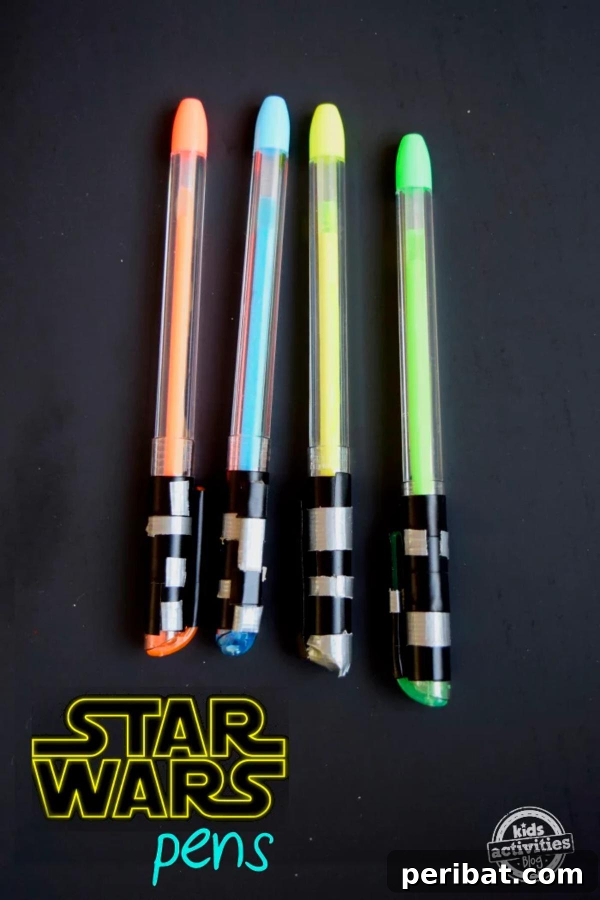 Ordinary pens transformed into miniature lightsaber replicas with colorful handles.