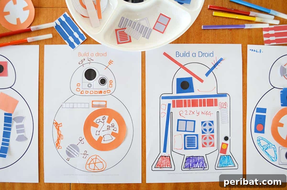 Printable templates for building various Star Wars droids from paper, ready to be cut and assembled.