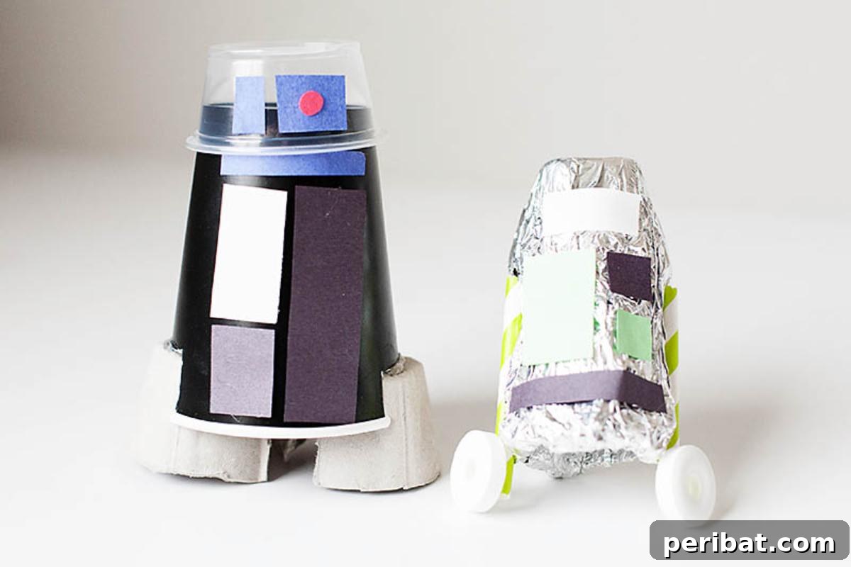 A collection of droids crafted from various recycled household items like cans, bottles, and cardboard.