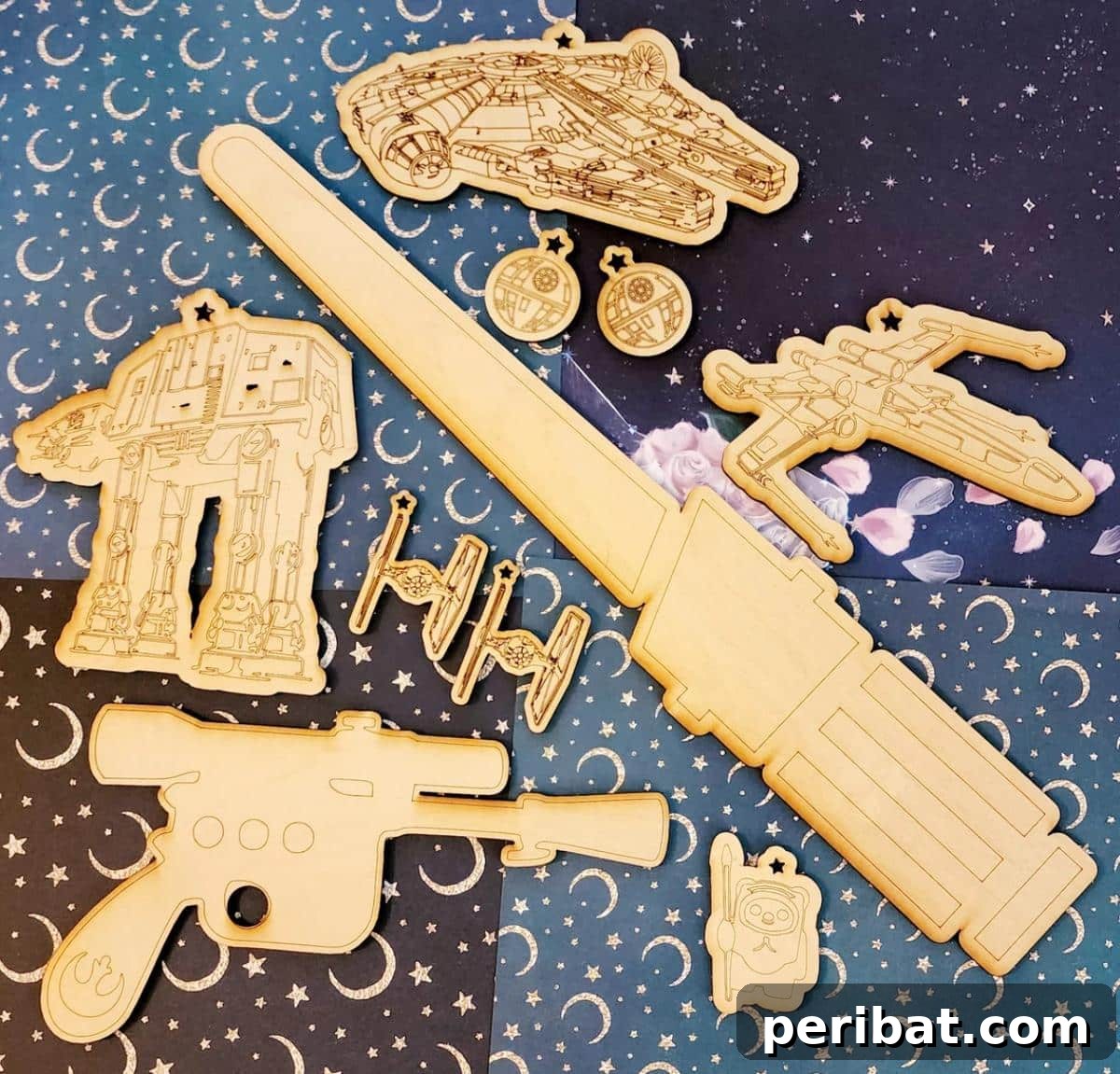 A set of unpainted wooden Star Wars character cutouts, ready for personalization.