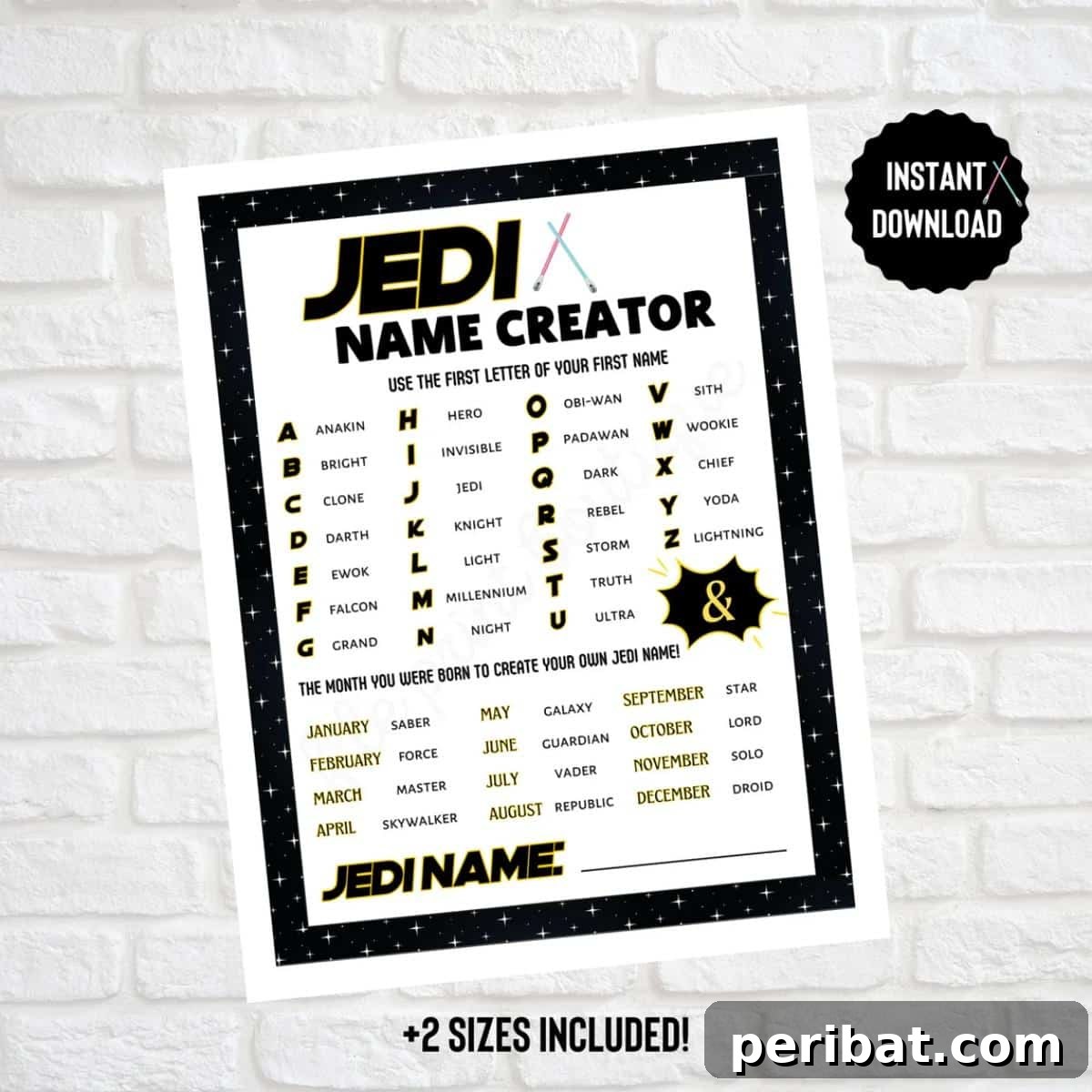 A printable activity to generate unique Jedi names for Star Wars fans.