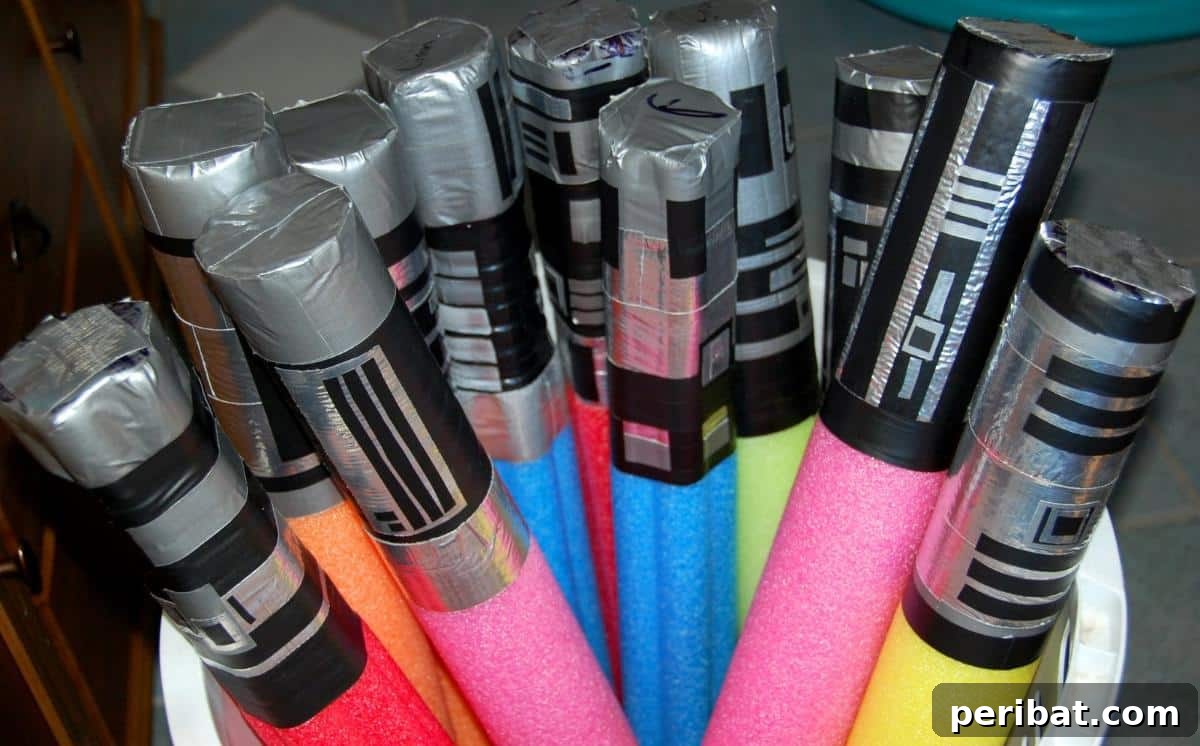 Children holding colorful pool noodle lightsabers, ready for play.