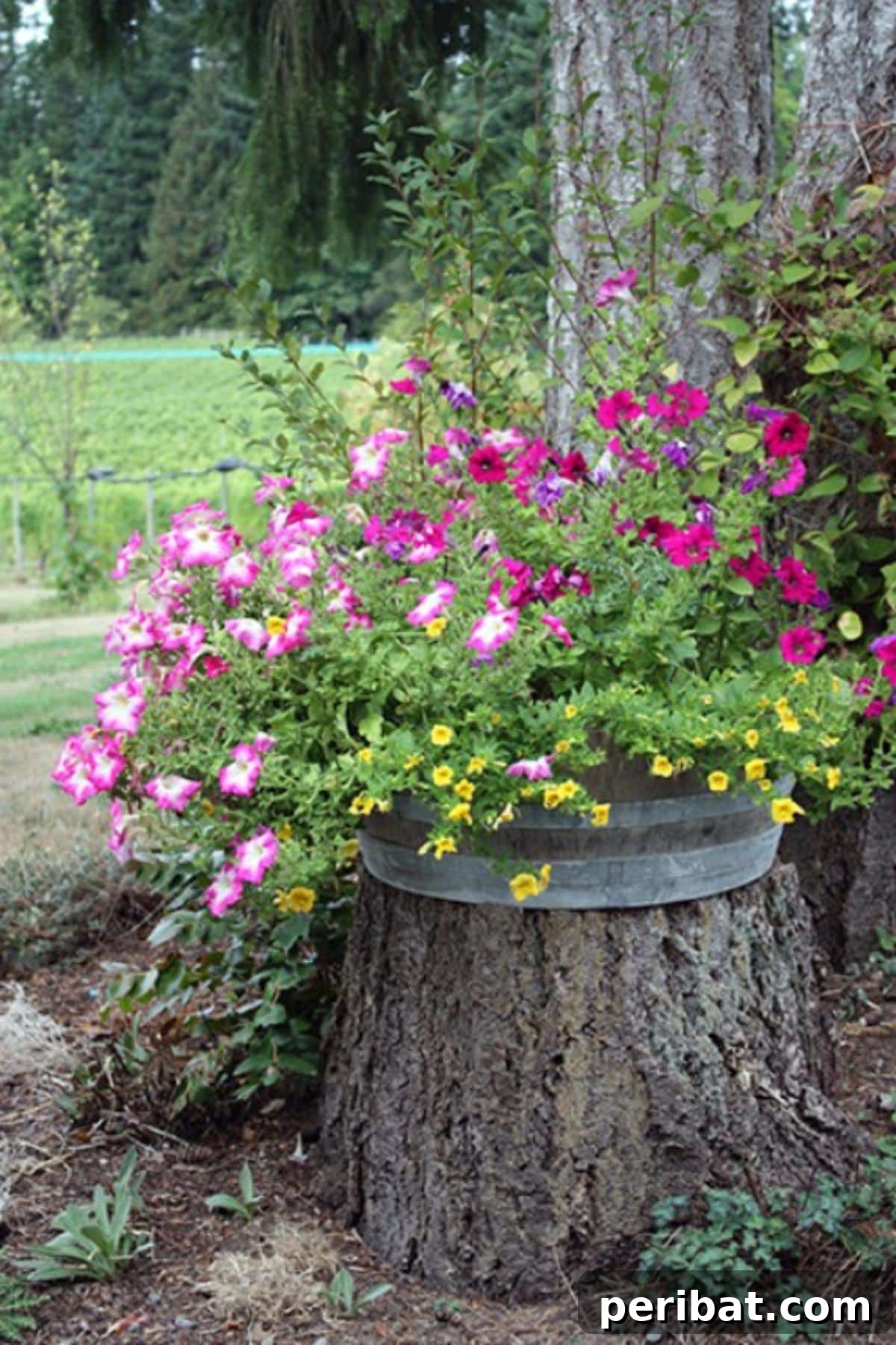 Stump to Splendor Ingenious Garden Planters and Ornaments 10 Tree stump serving as a base for a rustic barrel planter filled with flowers