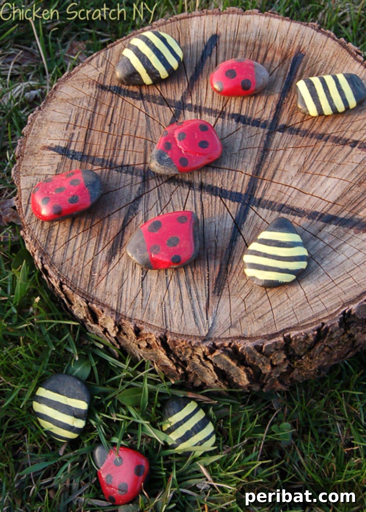 Stump to Splendor Ingenious Garden Planters and Ornaments 17 Outdoor tic-tac-toe game carved into a flat tree stump with decorative pieces