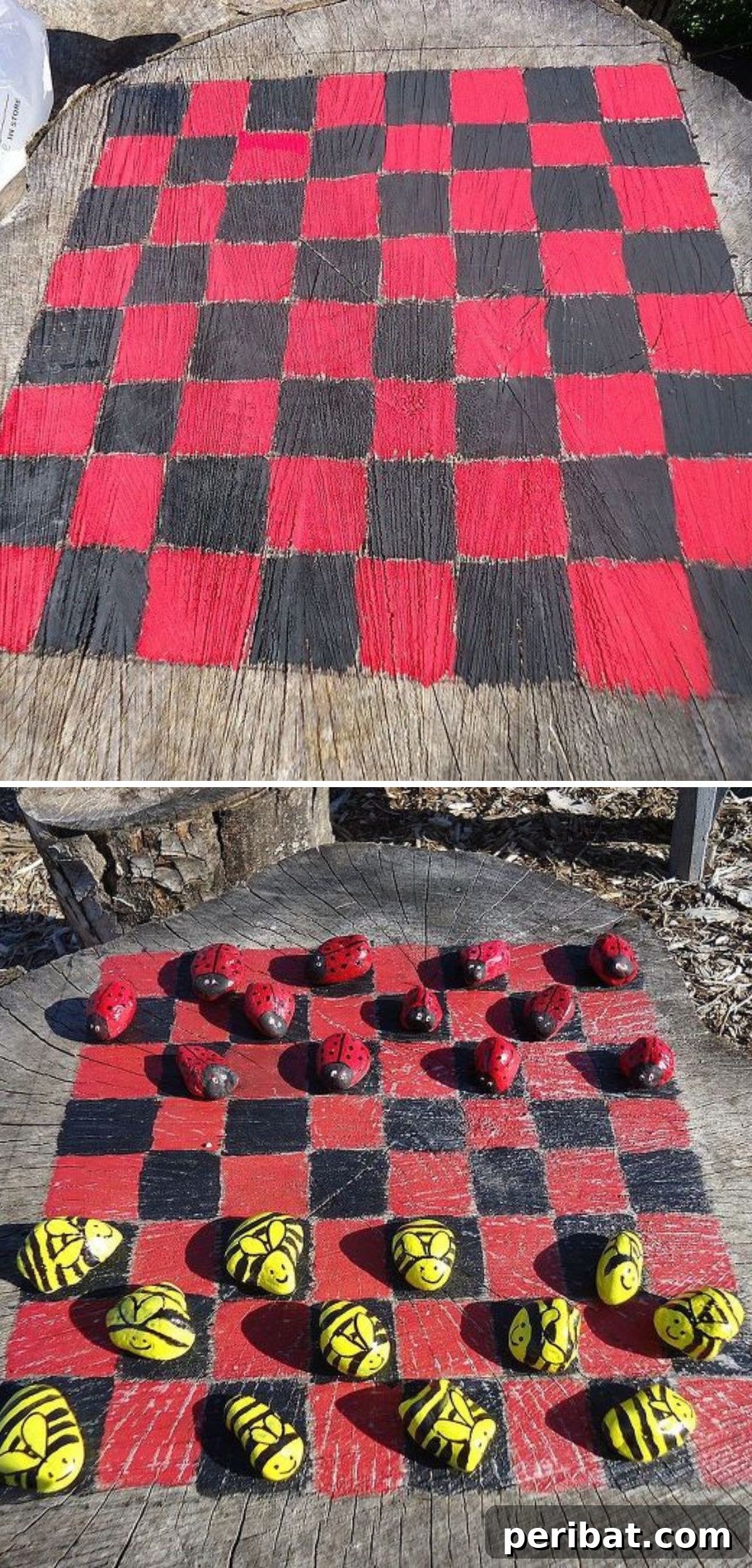 Stump to Splendor Ingenious Garden Planters and Ornaments 18 Outdoor checkers game created on a large tree stump with custom pieces