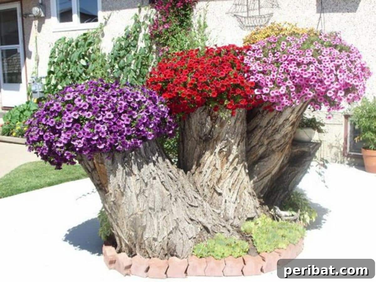 Stump to Splendor Ingenious Garden Planters and Ornaments 3 Vibrant Pansies and Petunias artfully arranged in a tree stump planter