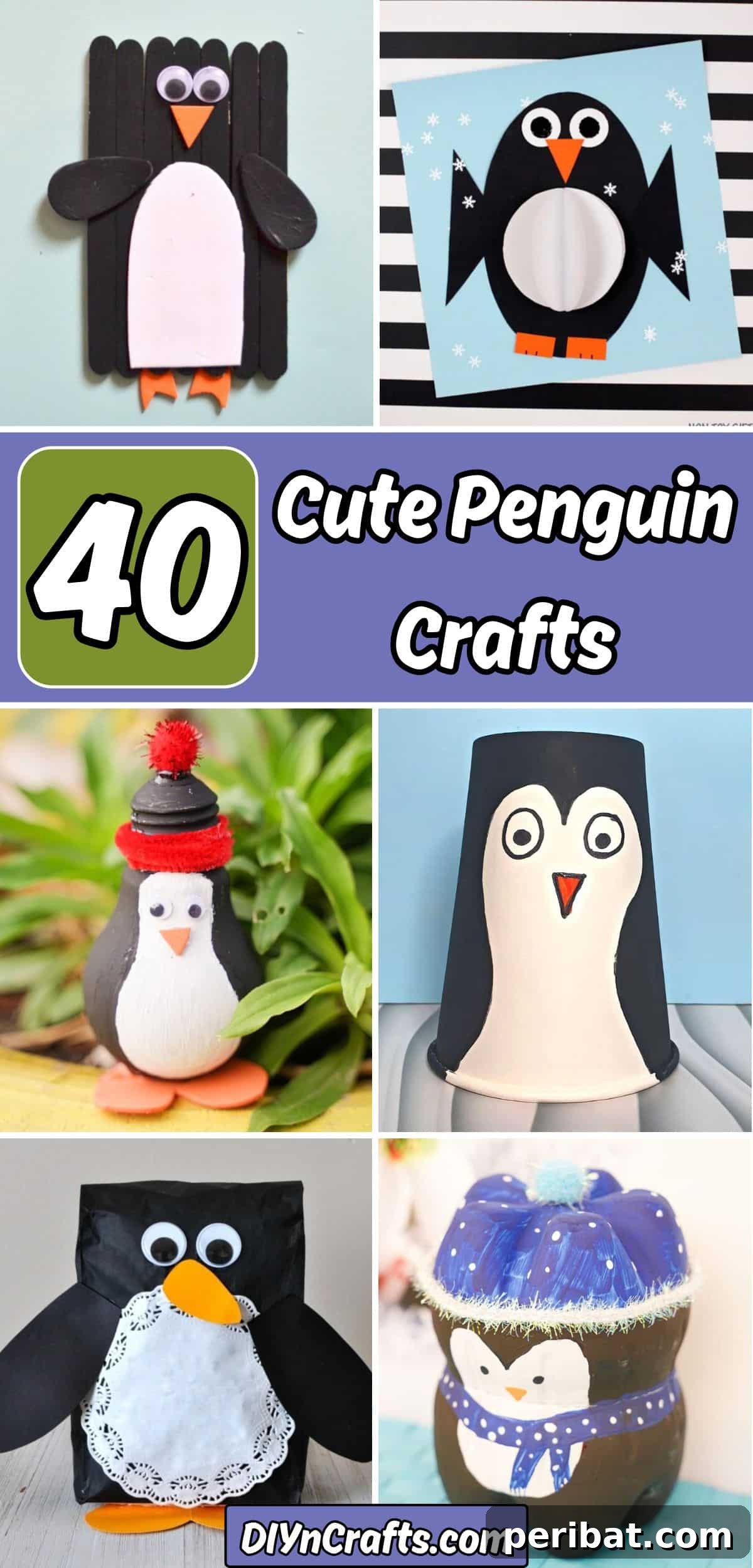 Waddle into Fun: 40 Penguin Craft Projects 2 A charming collage showcasing 40 cute penguin crafts for all ages and skill levels, perfect for winter decorations and fun DIY projects.