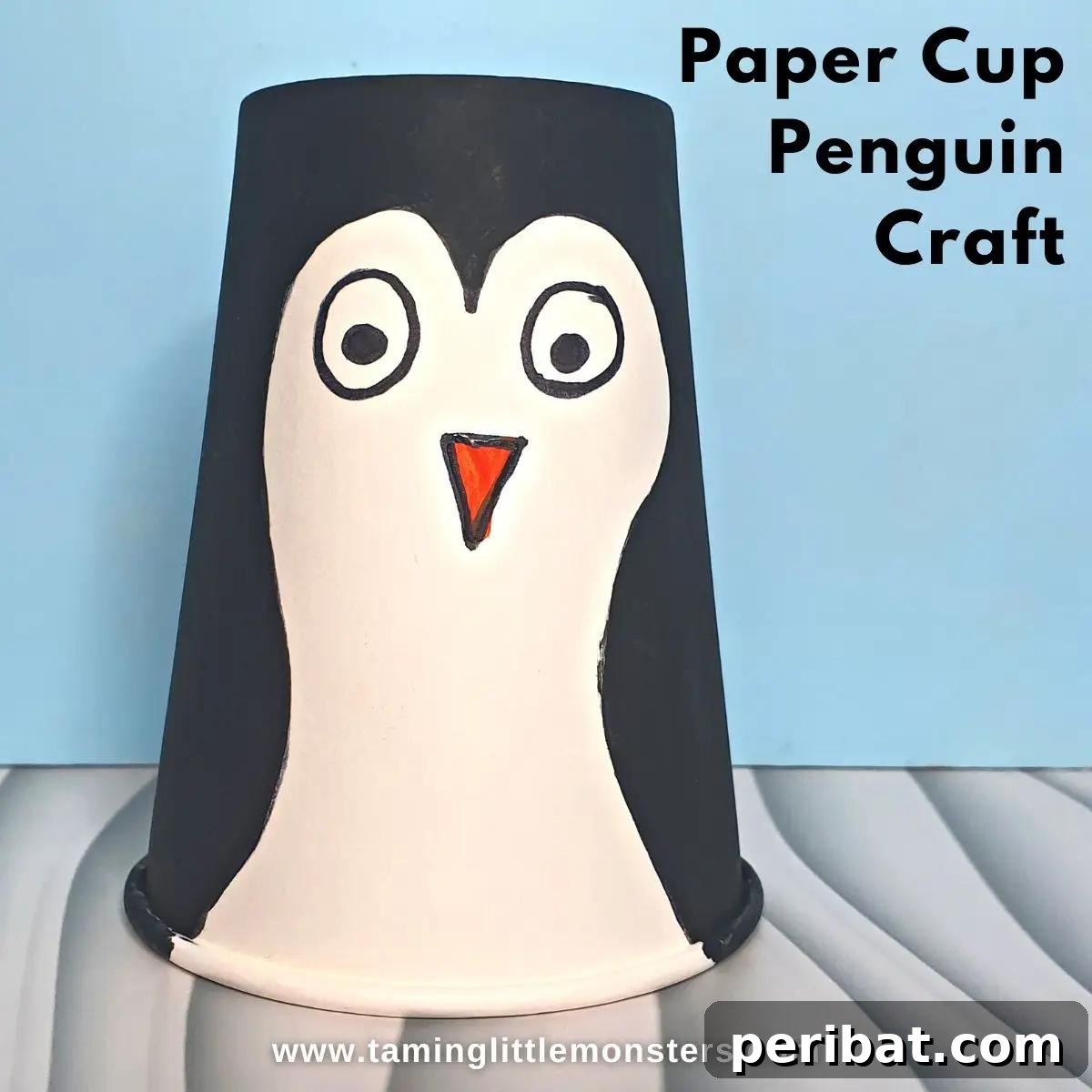 Waddle into Fun: 40 Penguin Craft Projects 22 Easy Paper Cup Penguin Craft For Toddlers, a charming penguin made from a basic paper cup.
