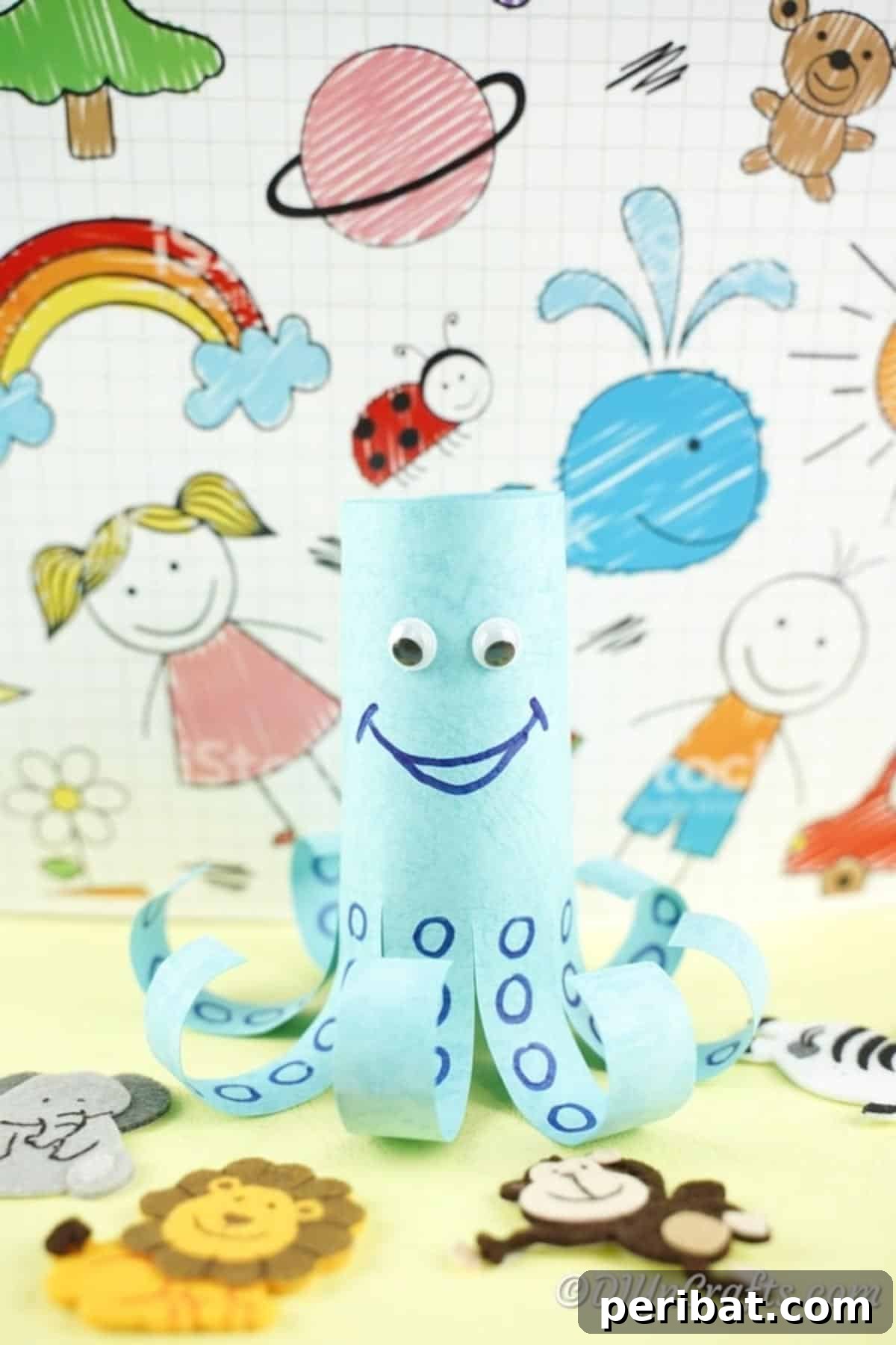 40 Colorful Construction Paper Creations 20 An adorable DIY paper octopus craft made from purple construction paper with curled tentacles and googly eyes, perfect for a child's playroom.