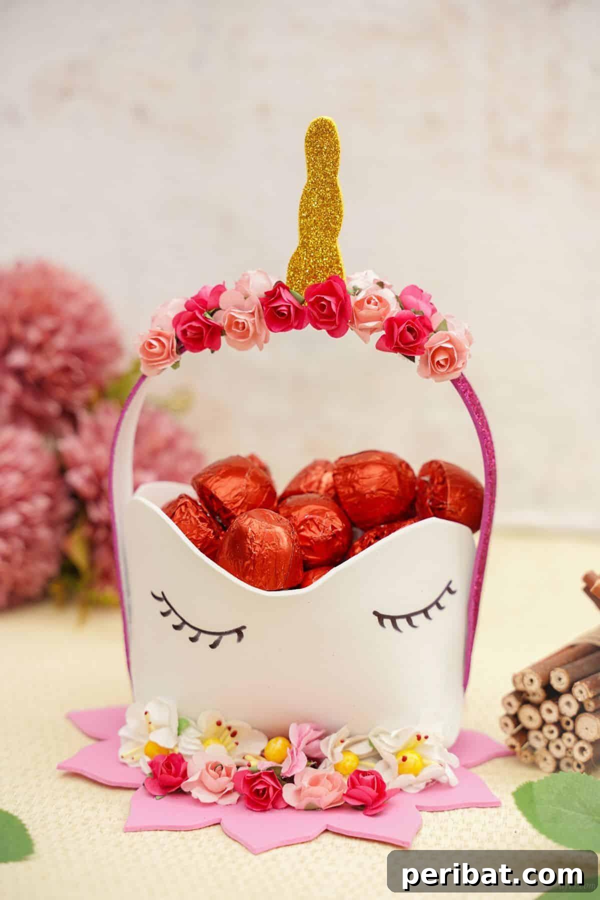 40 Colorful Construction Paper Creations 3 A charming DIY paper unicorn basket, featuring a golden horn, colorful mane, and gentle eyes, perfect for a child's room or as a playful gift container.