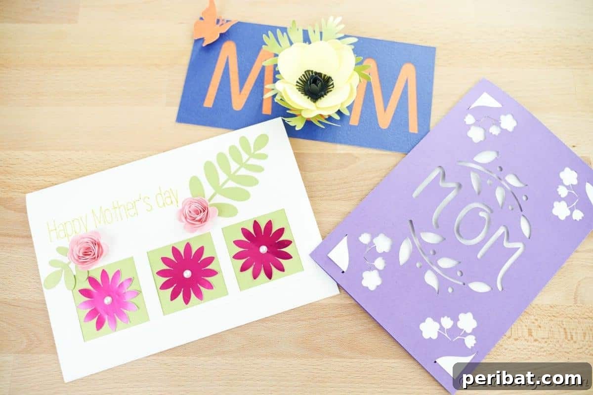 40 Colorful Construction Paper Creations 28 A selection of beautiful DIY Mother's Day cards, featuring intricate floral designs and heartfelt messages, crafted with a Cricut machine.
