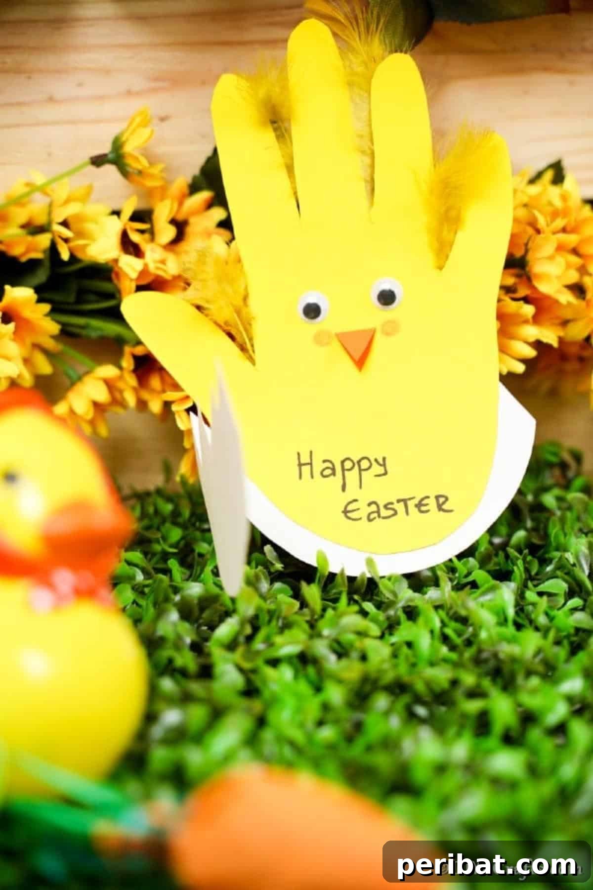 40 Colorful Construction Paper Creations 36 A cute handprint chick Easter card for kids, made from a yellow handprint with added features like eyes, beak, and legs, perfect for a personalized holiday greeting.