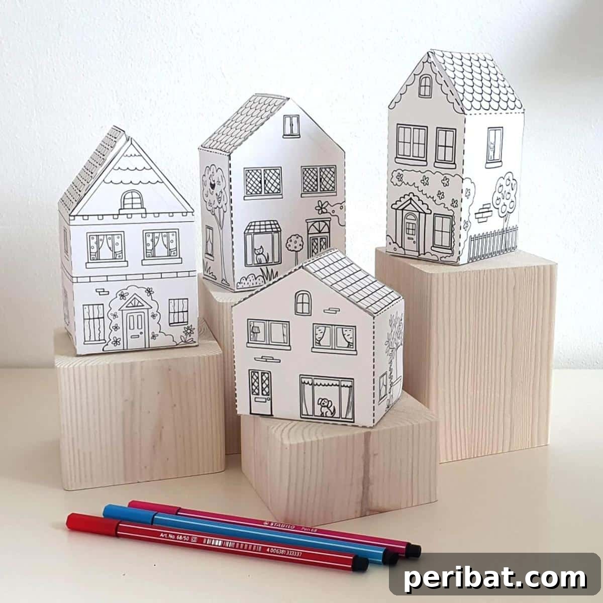 40 Colorful Construction Paper Creations 39 A charming collection of paper house printable craft sheets, showcasing various architectural styles ready for cutting, folding, and assembly.