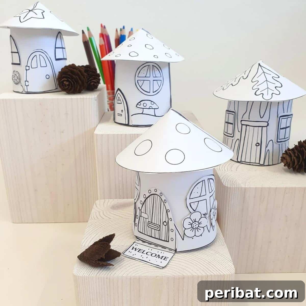 40 Colorful Construction Paper Creations 41 A collection of charming paper fairy houses from a printable activity, featuring intricate details and whimsical designs, ready for coloring and assembly.