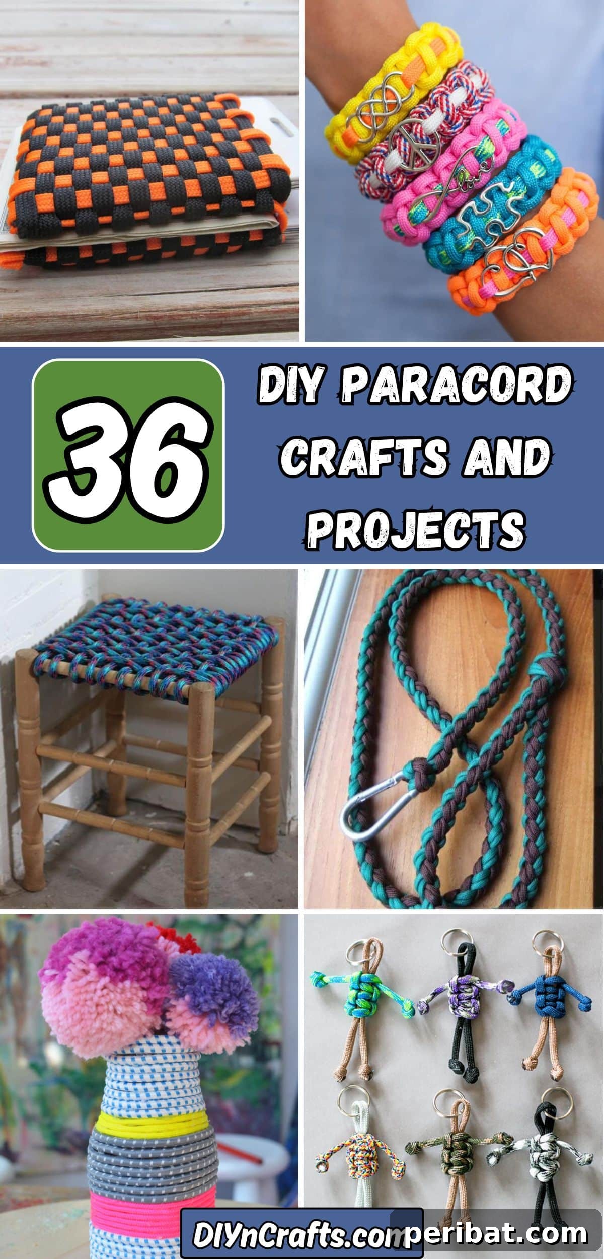Crafting with Paracord: DIY Ideas and Projects 2 36 DIY Paracord Crafts and Projects collage featuring various items like bracelets, keychains, and tools.