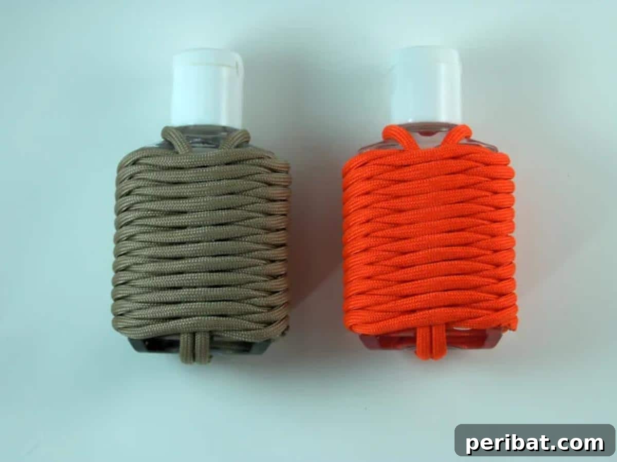 Crafting with Paracord: DIY Ideas and Projects 7 Compact Paracord Germ Grenade holding hand sanitizer.
