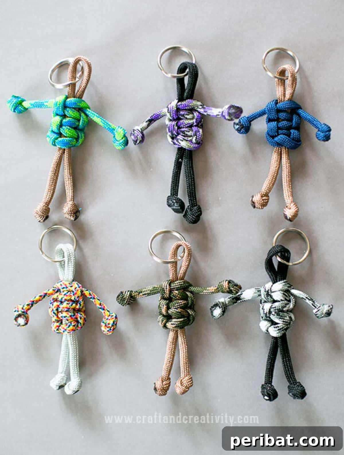 Crafting with Paracord: DIY Ideas and Projects 8 Adorable Paracord Buddy Keychains resembling mini figures.