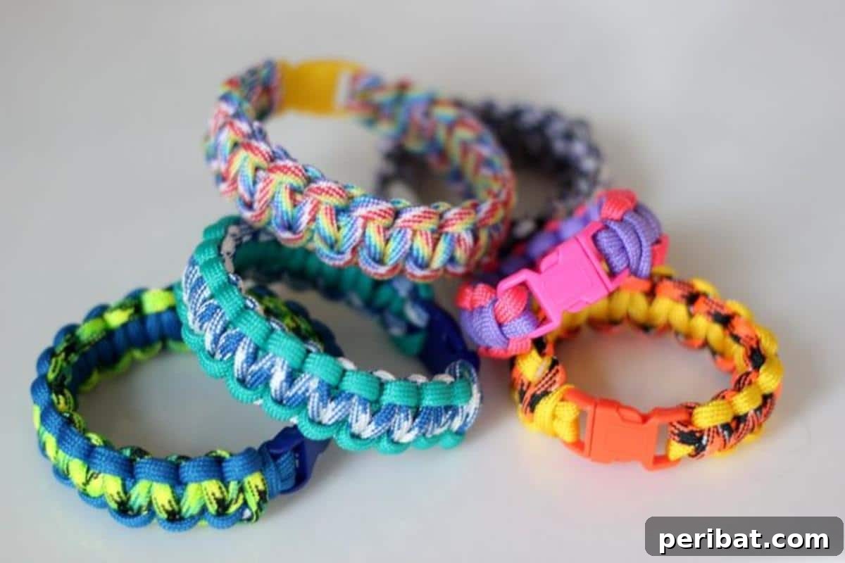 Crafting with Paracord: DIY Ideas and Projects 9 Colorful Paracord Bracelet Gifts for Kids.