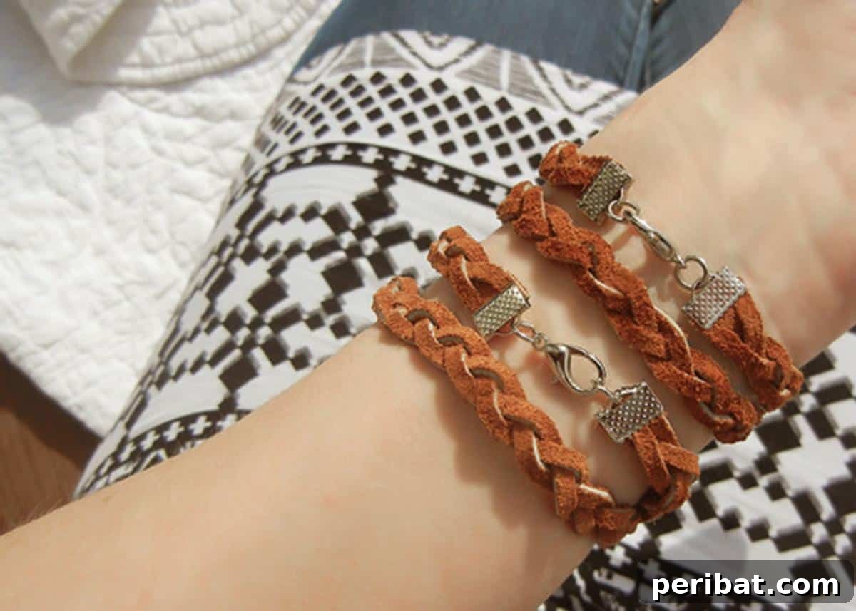 Stylish DIY braided leather wrap bracelets with metal accents.