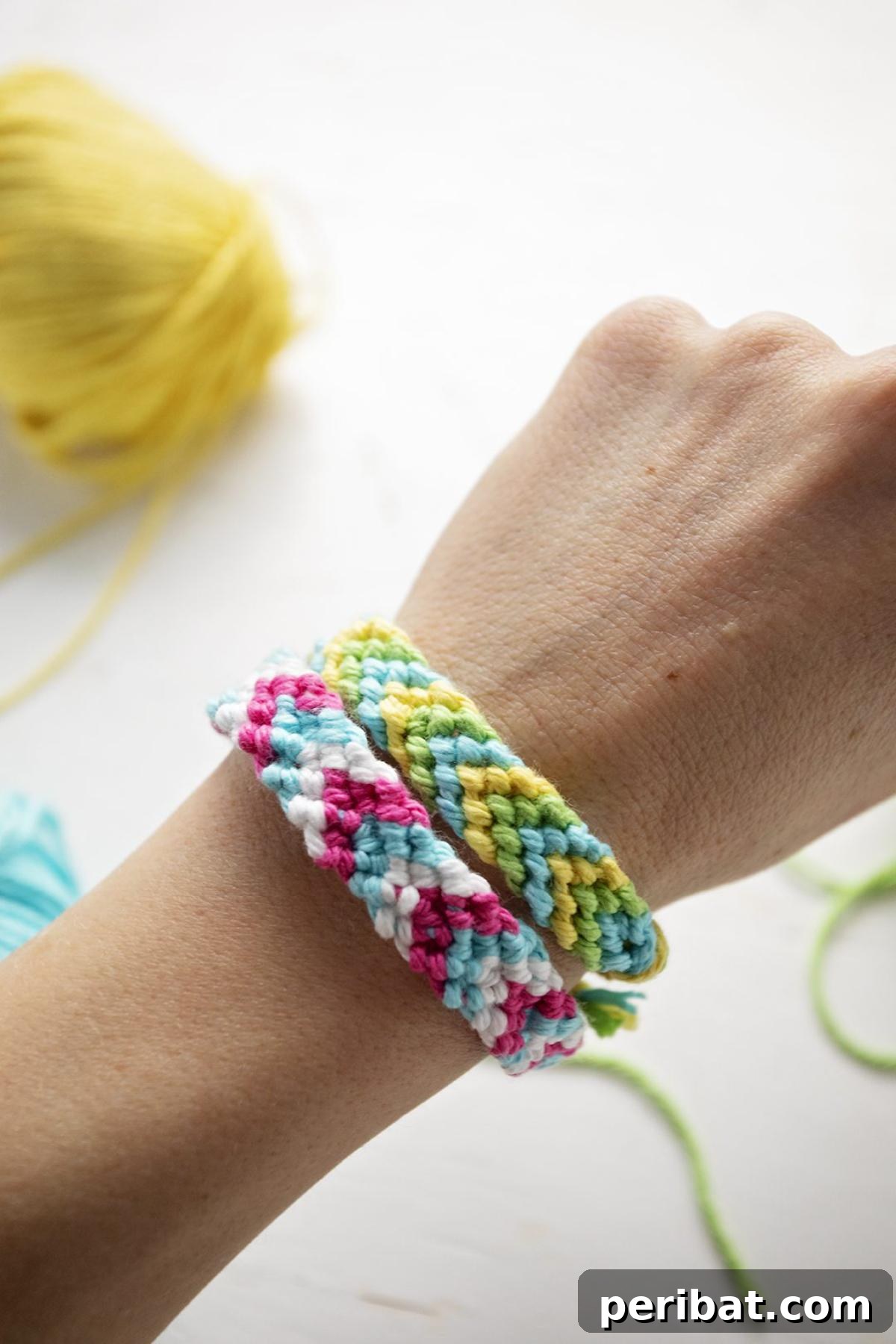 Vibrantly colored chevron macrame friendship bracelets.
