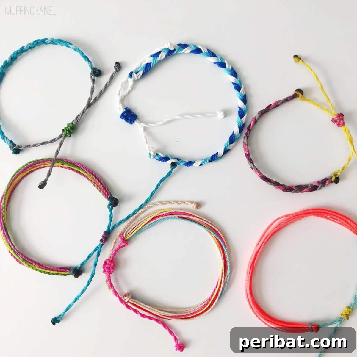 Colorful Pura Vida-inspired wax string friendship bracelets.