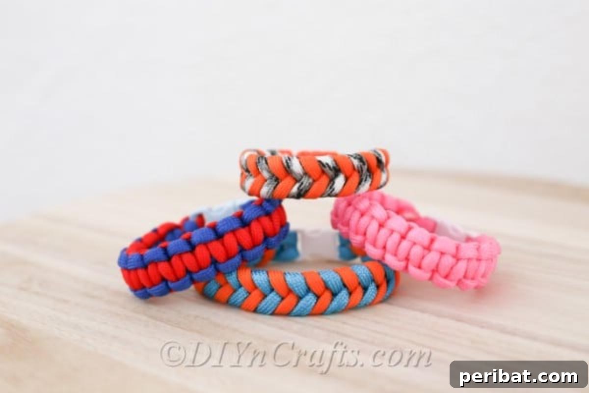 Colorful square knot friendship bracelets displayed neatly.