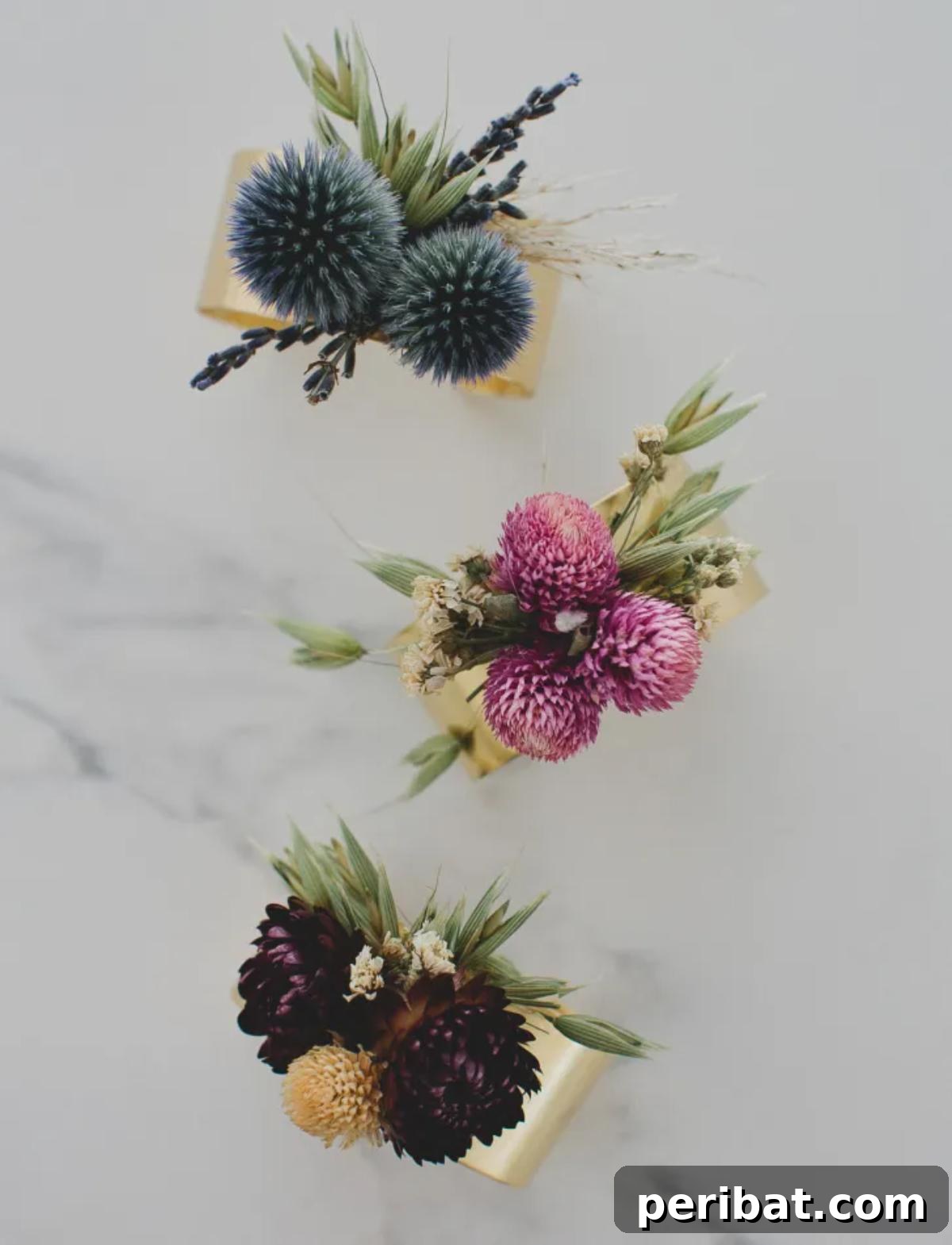 An elegant DIY dried flower cuff bracelet with preserved blooms.