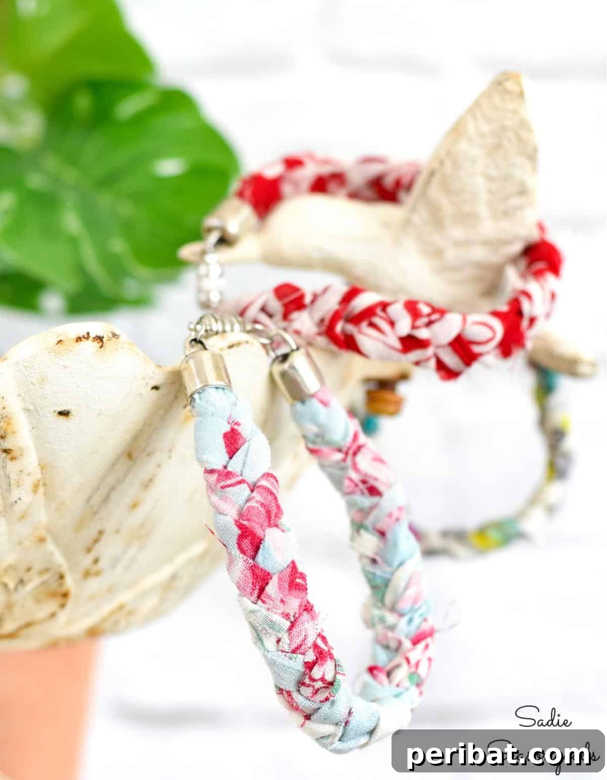 Charming braided bracelets made from strips of vintage handkerchiefs.
