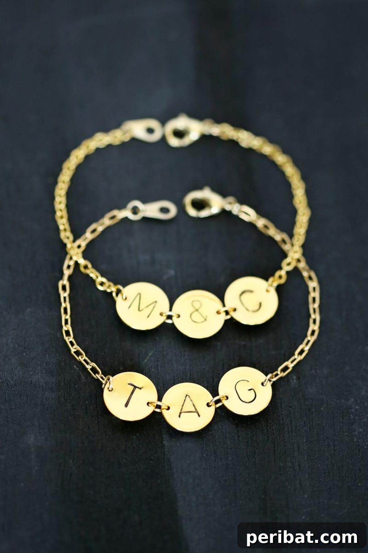 Personalized stamped initial bracelets with various letters.