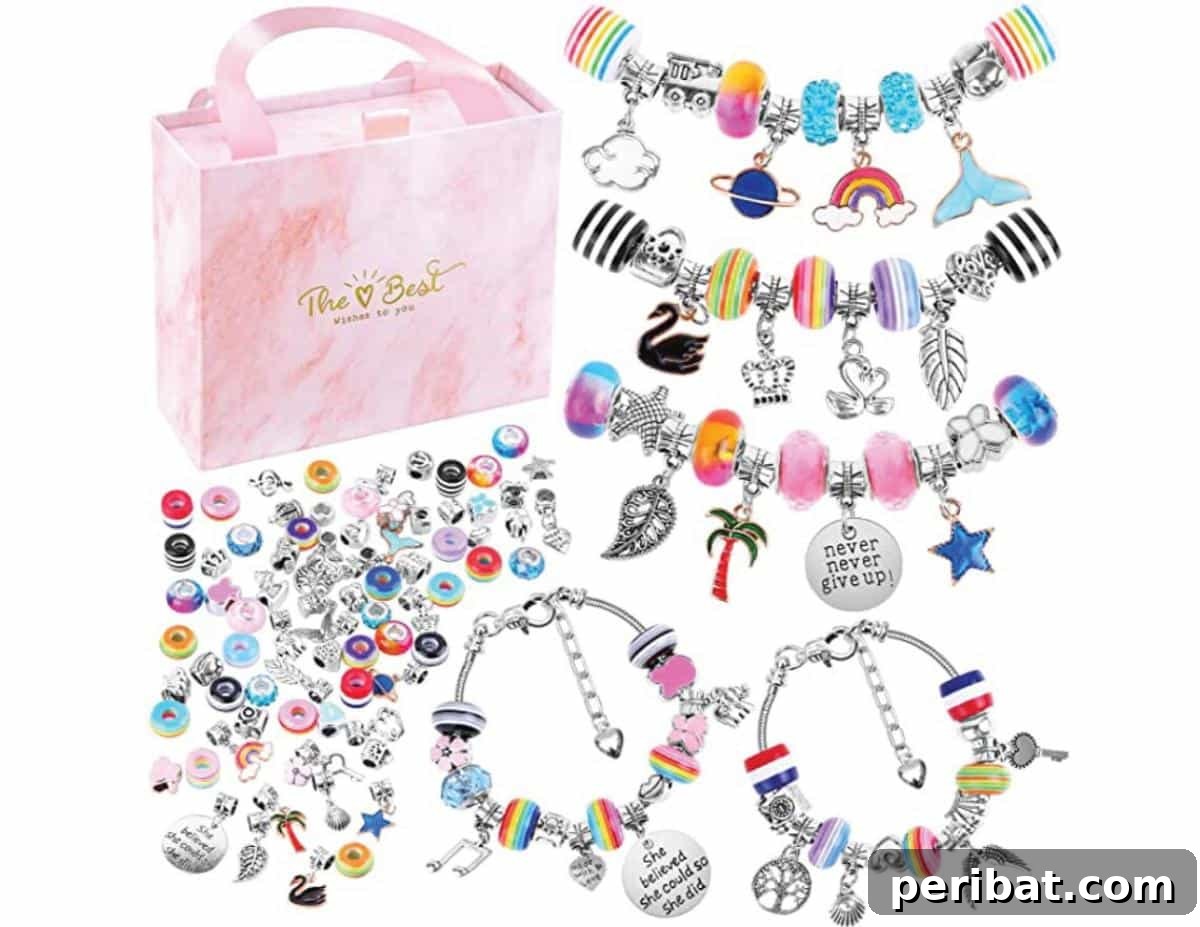 A DIY beaded bracelet craft kit featuring rainbow beads, spacer beads, and glass beads.