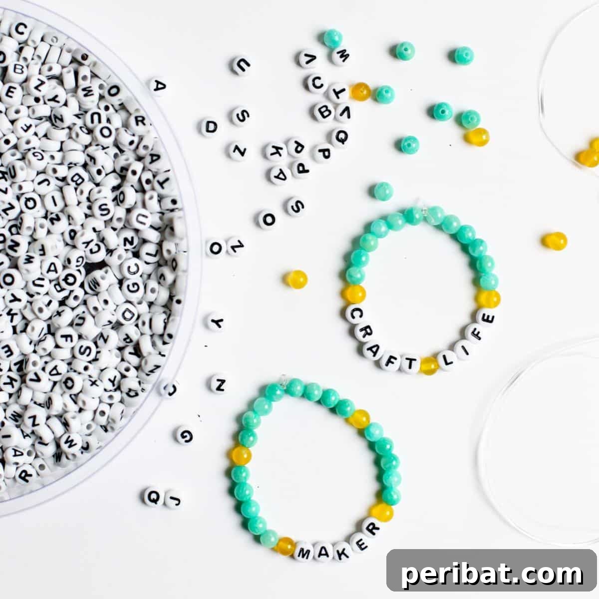 A collection of word bead bracelets featuring inspirational words.