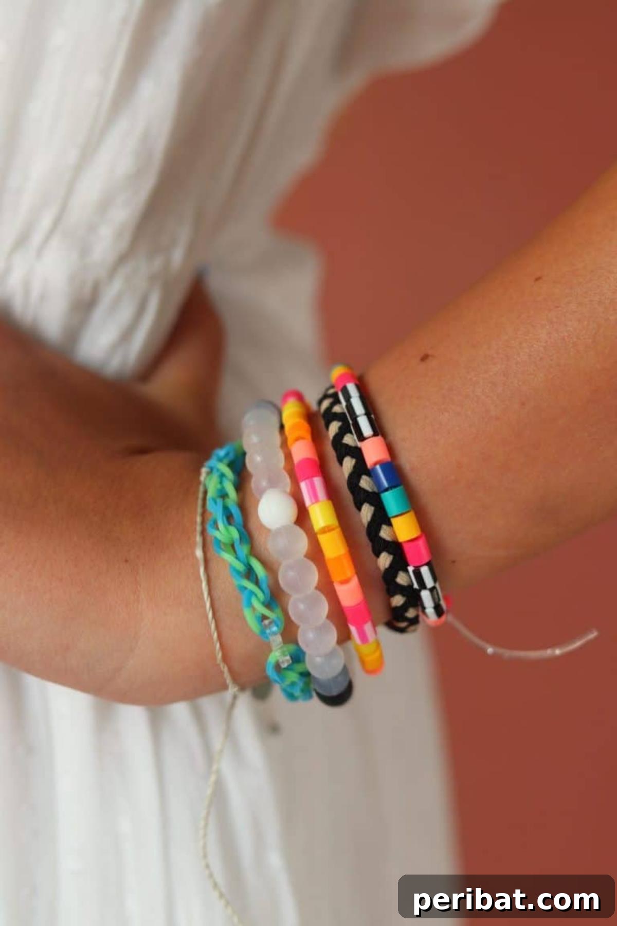 Colorful Perler bead bracelets showcasing various patterns.
