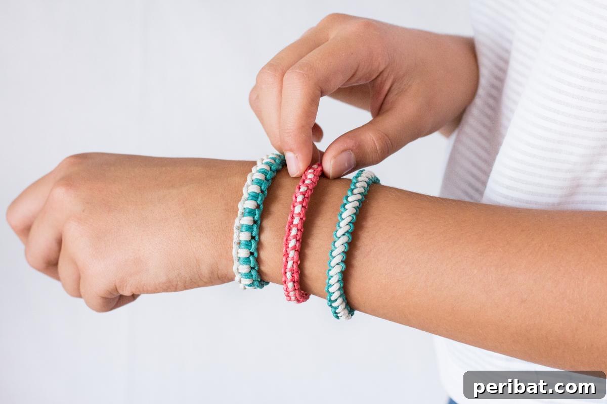 Three different styles of DIY macrame friendship bracelets.