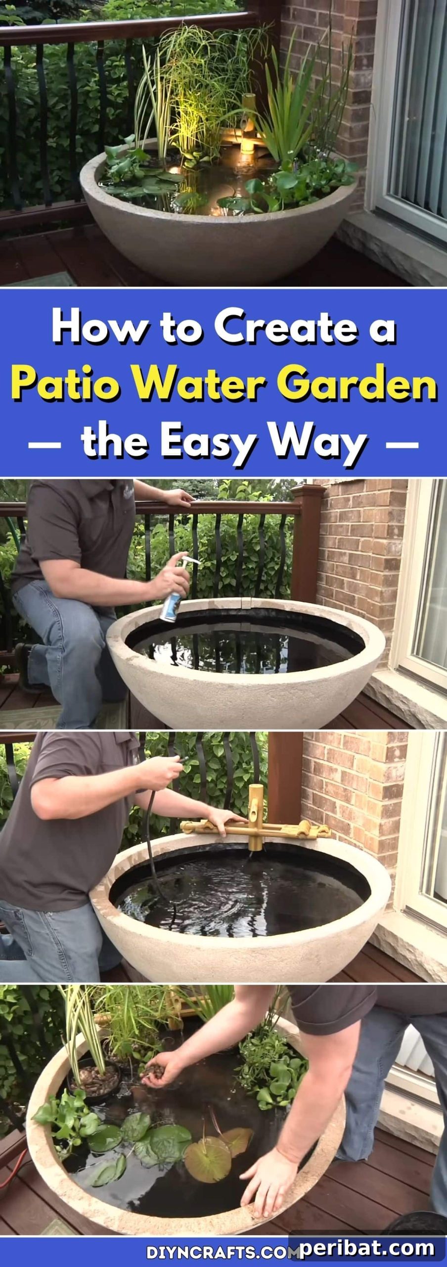 Effortless Patio Water Garden Setup 2 Transform your patio with an easy DIY container water garden featuring lush plants and a soothing fountain.