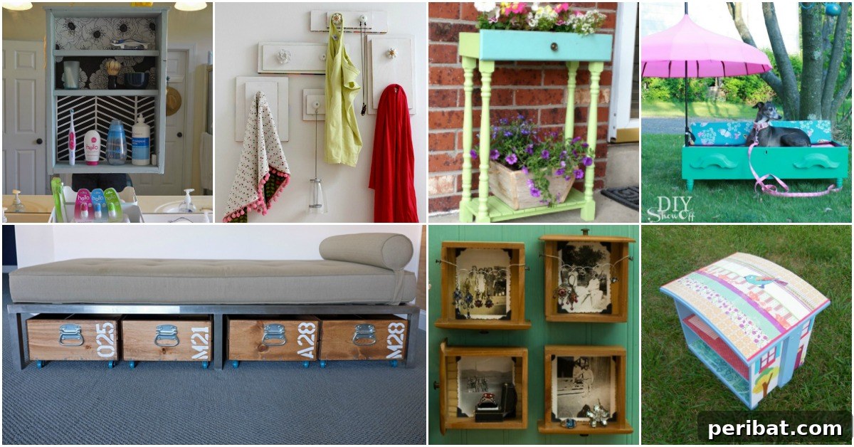 15 Unexpected Uses for Your Old Drawers 2 Old drawers repurposed into various home decor and storage items, showcasing creative upcycling