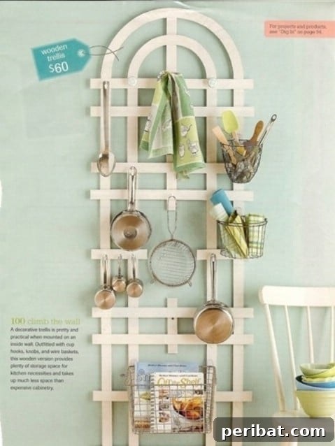 Kitchen wall with various utensils and pots hung decoratively on rails and hooks