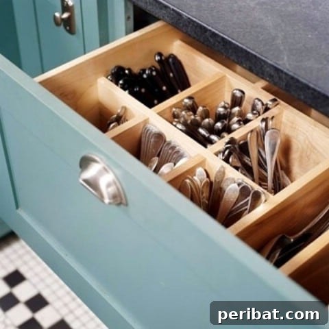 Kitchen drawer with vertical dividers for spatulas and large utensils