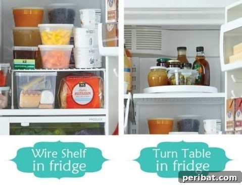 Neatly organized refrigerator interior with labeled clear bins