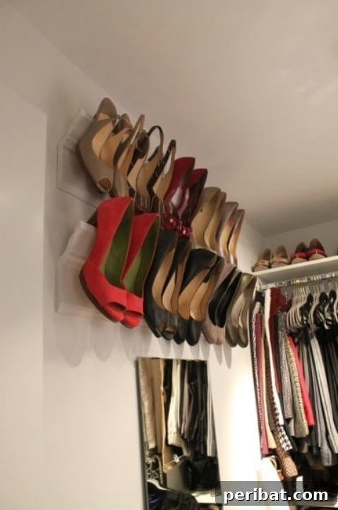 Crown molding strips installed on a wall for elegant shoe storage