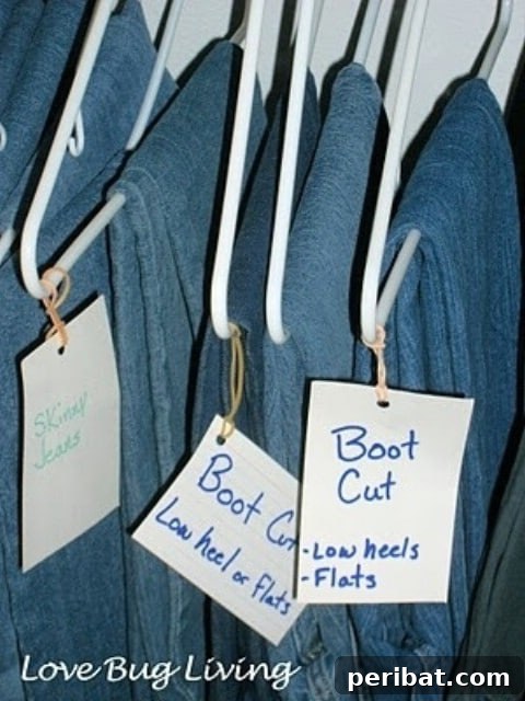 Closet with clothes organized by labeled hangers for categories like shirts and pants