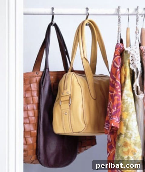 Handbags hung on a closet rod using shower curtain hooks