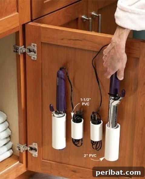 PVC pipe sections used to organize hair styling tools like curling irons