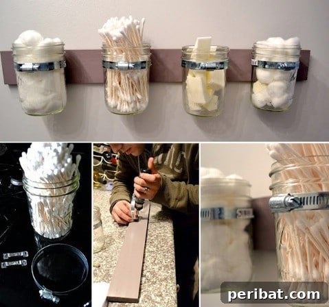 Mason jars mounted on a wooden board for bathroom wall storage