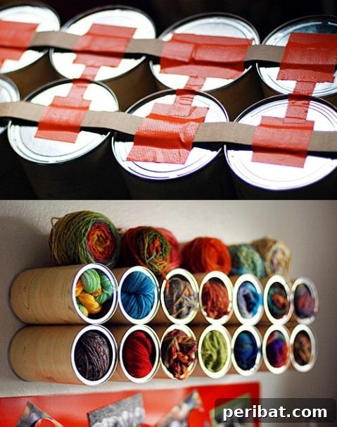 Empty coffee canisters repurposed for storing yarn skeins