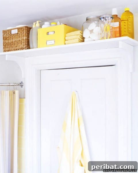 Shelf installed above a bathroom door for extra storage of towels