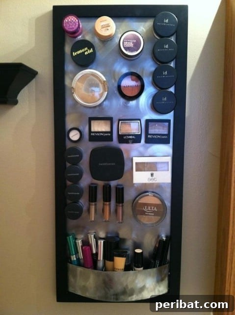 DIY magnetic board organizing various makeup products with small magnets