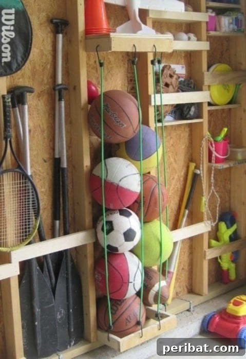 DIY ball storage cage in a garage for sports equipment like basketballs