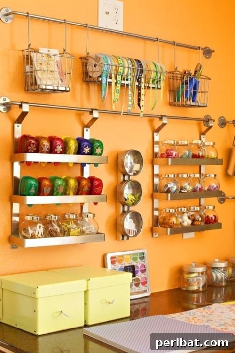 IKEA Grundtal magnetic knife rack used to organize craft supplies