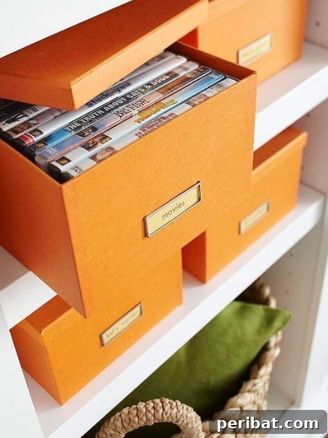 DVDs stored in labeled decorative storage boxes on a shelf