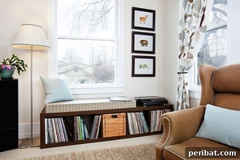 Vinyl records stored decoratively on modern shelves in a living room